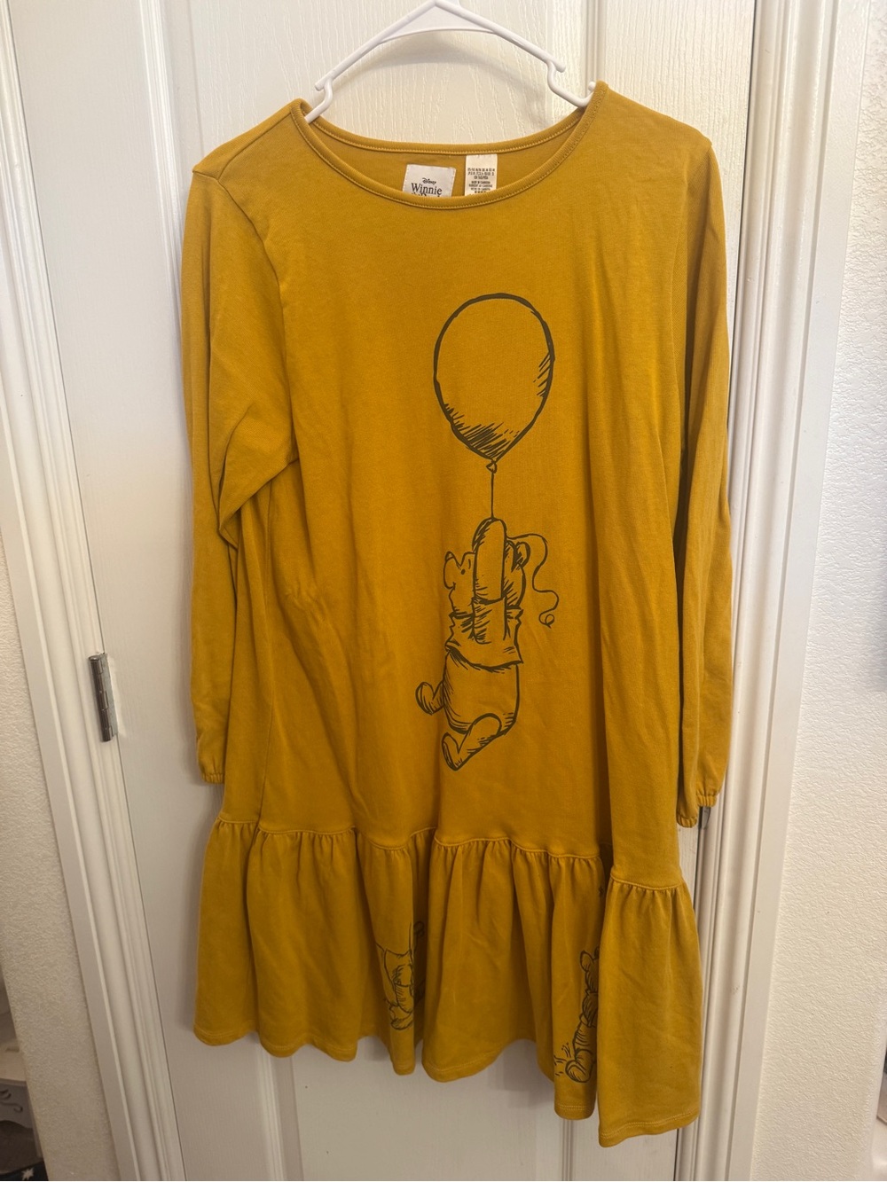 Women’s Mustard Balloon Print Winnie the Pooh Ruffle Hem Dress